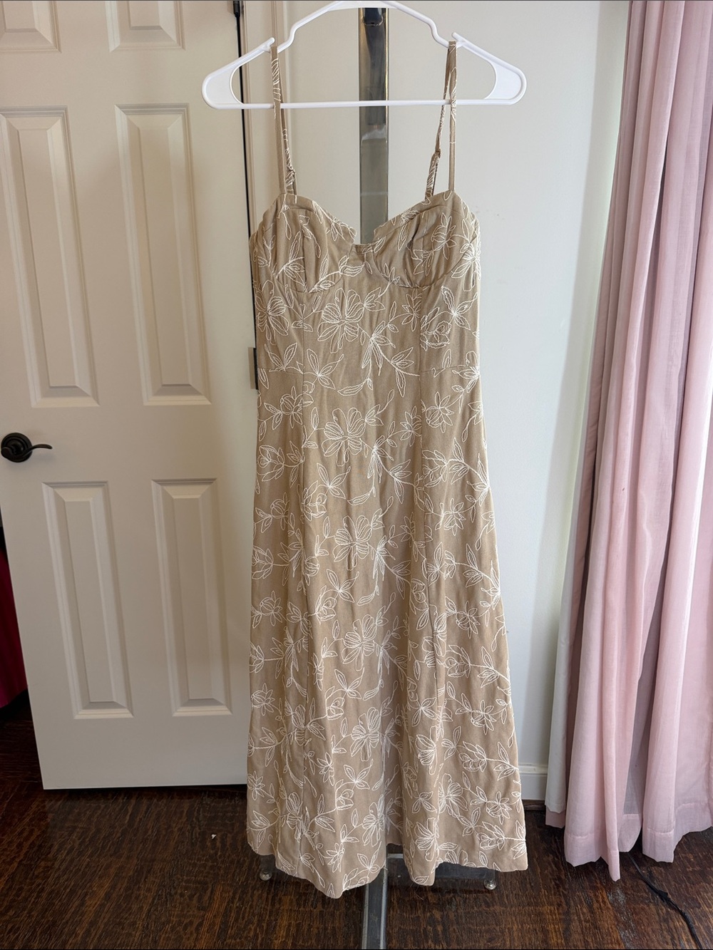 Zara Beige Maxi Dress with White Floral Embroidery